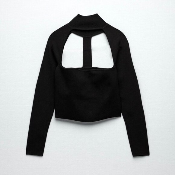 Zara Cutout Open Mock Neck Long Sleeve Knit Sweater Top Black Minimalist Large - Picture 1 of 7